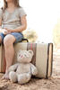 girl sitting on suitcase with stuffed animal girl sitting on suitcase with stuffed animal