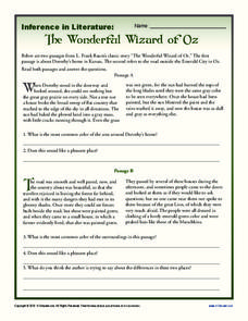 Inference in Literature: The Wizard of Oz 6th - 8th Grade Worksheet