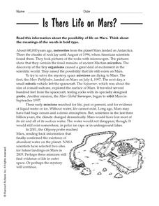 Is There Life on Mars? 3rd - 4th Grade Worksheet | Lesson Planet