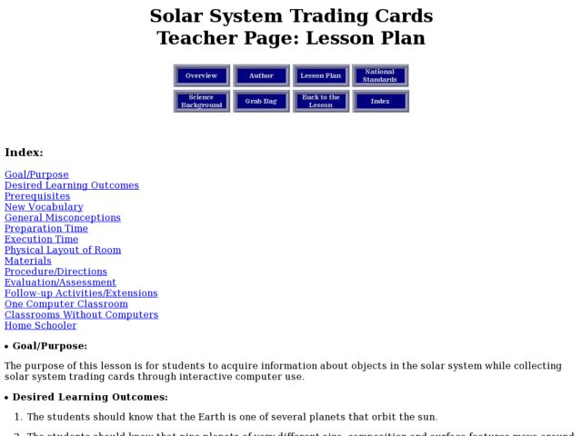 Solar system trading cards