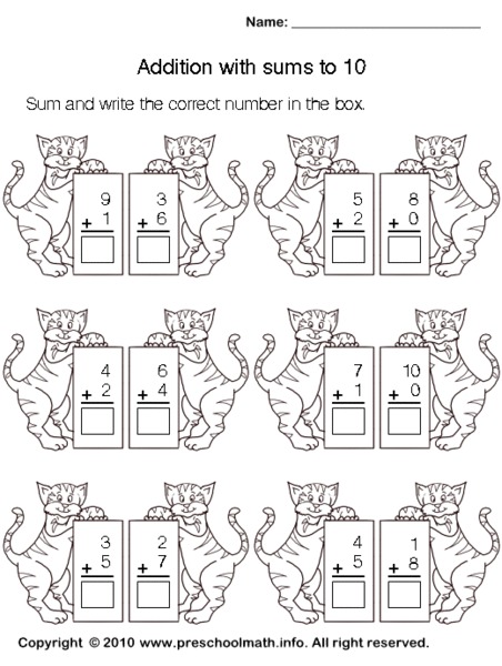 Addition with sums to 10 Worksheet Addition with sums to 10 Worksheet