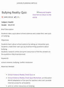 Bullying Reality Quiz Lesson Plan Bullying Reality Quiz Lesson Plan