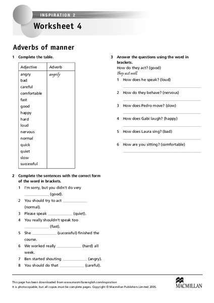 Adverbs of Manner Worksheet Adverbs of Manner Worksheet