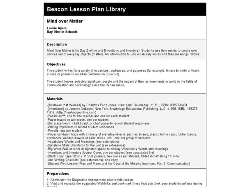 Mind over Matter Lesson Plan Mind over Matter Lesson Plan