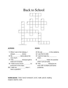 Back to School Crossword Worksheet Back to School Crossword Worksheet