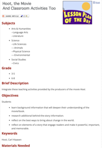 Hoot, the Movie And Classroom Activities Too Lesson Plan Hoot, the Movie And Classroom Activities Too Lesson Plan