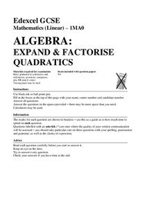 Expand and Factorise Quadratics Assessment Expand and Factorise Quadratics Assessment