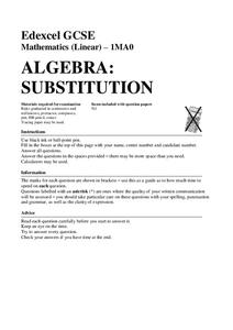 Algebra: Substitution Assessment Algebra: Substitution Assessment