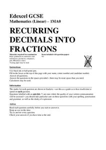 Recurring Decimals Assessment Recurring Decimals Assessment