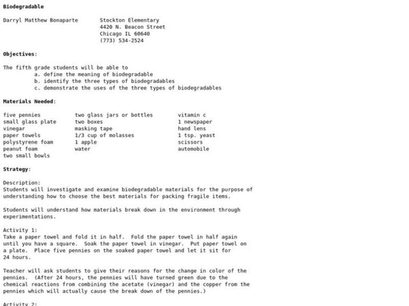Biodegradable Lesson Plan Biodegradable Lesson Plan