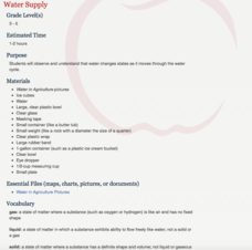 Water Supply Lesson Plan Water Supply Lesson Plan