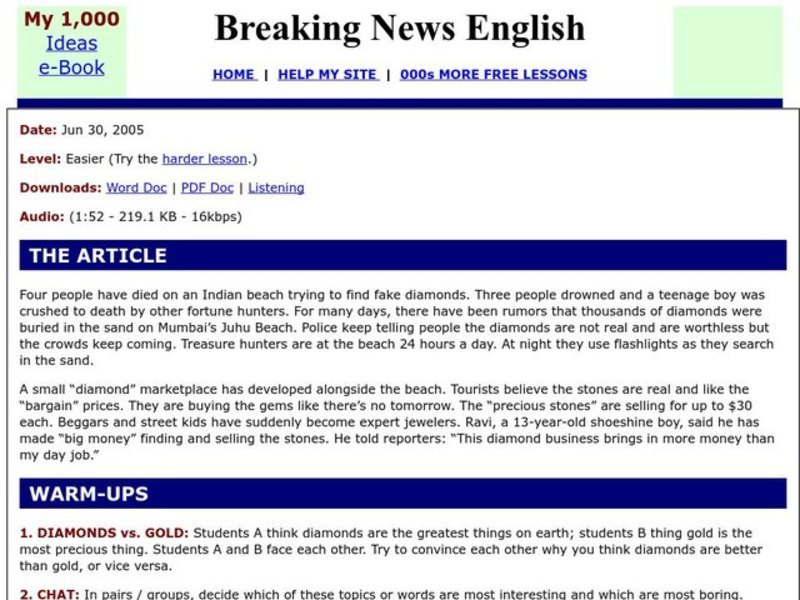 Breaking News English: Four Dead in Indian "Diamond" Hunt Worksheet Breaking News English: Four Dead in Indian "Diamond" Hunt Worksheet