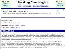 Breaking News English: Zimbabwe's Homeless Ignored Worksheet Breaking News English: Zimbabwe's Homeless Ignored Worksheet