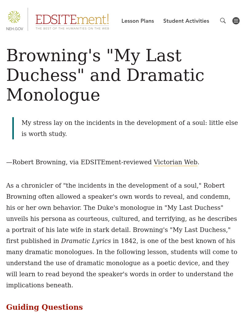 Browning's "My Last Duchess" and Dramatic Monologue Lesson Plan Browning's "My Last Duchess" and Dramatic Monologue Lesson Plan
