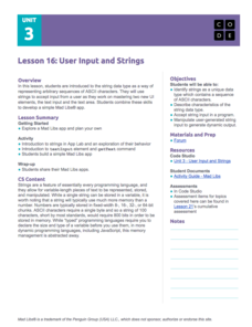 User Input and Strings Lesson Plan User Input and Strings Lesson Plan