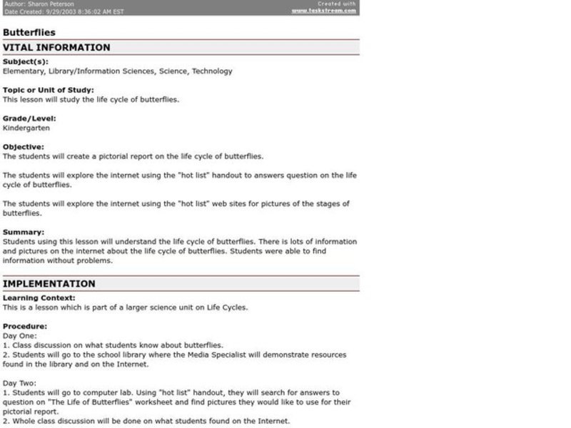 Butterflies Lesson Plan Butterflies Lesson Plan
