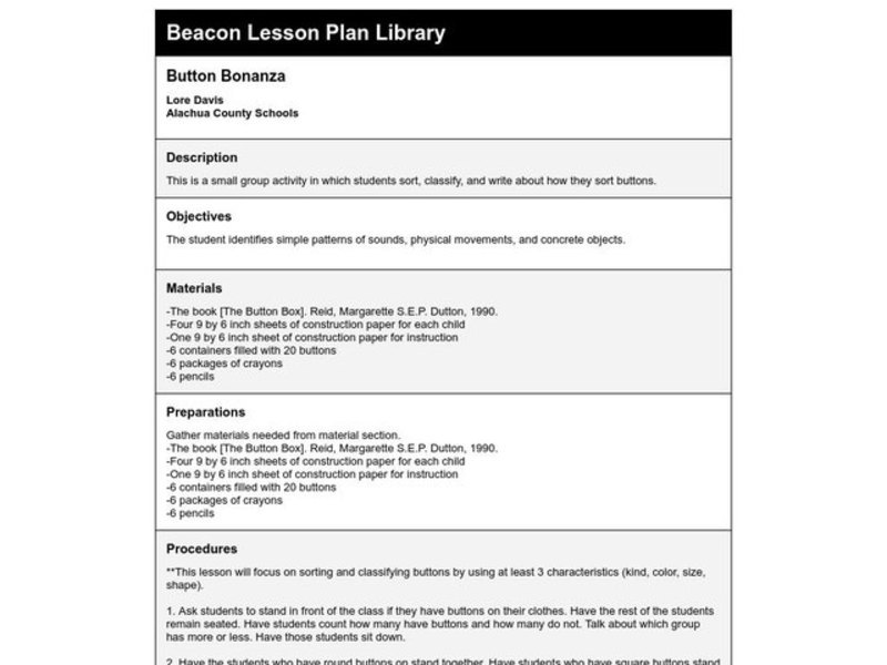 Button Bonanza Lesson Plan Button Bonanza Lesson Plan
