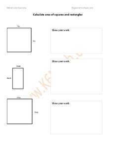 Calculate area of squares and rectangles Worksheet Calculate area of squares and rectangles Worksheet