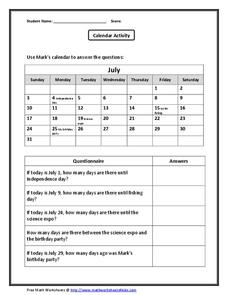 Calendar Activity Worksheet for 2nd - 4th Grade | Lesson Planet
