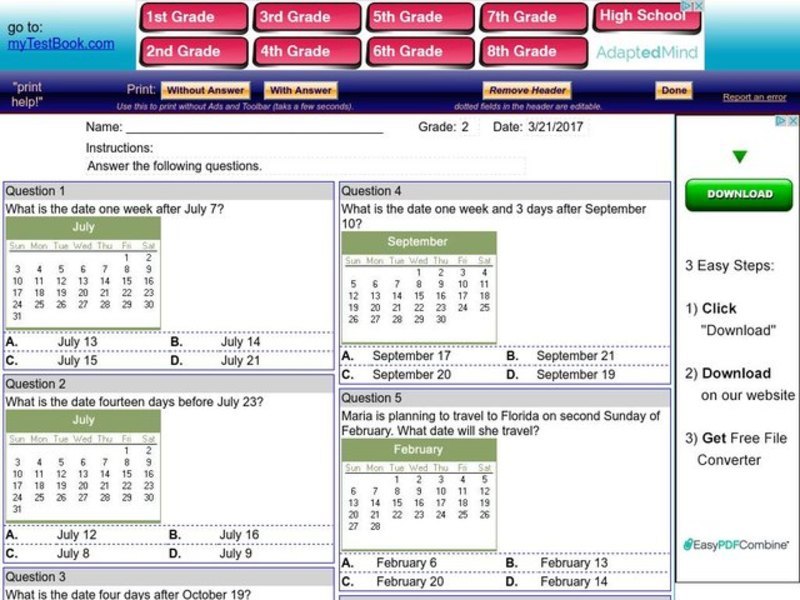 Calendar Questions Worksheet Calendar Questions Worksheet