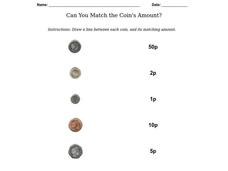 Can You Match the Coin's Amount? Worksheet Can You Match the Coin's Amount? Worksheet