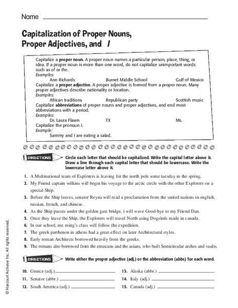 Capitalization of Proper Nouns, Proper Adjectives, and I Worksheet Capitalization of Proper Nouns, Proper Adjectives, and I Worksheet