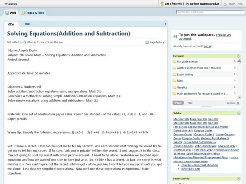 Solving Equations- Addition And Subtraction Lesson Plan Solving Equations- Addition And Subtraction Lesson Plan