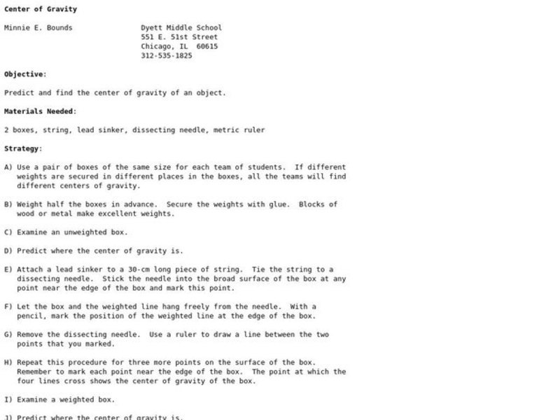 Center of Gravity Lesson Plan Center of Gravity Lesson Plan