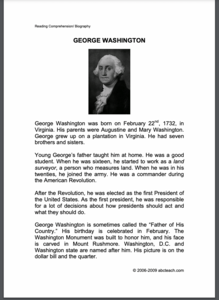 George Washington: Reading Comprehension/Biography Worksheet George Washington: Reading Comprehension/Biography Worksheet
