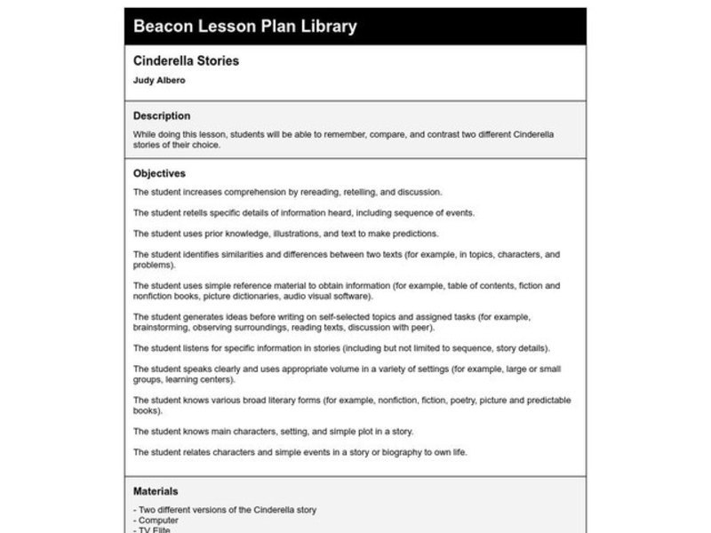 Cinderella Stories Lesson Plan Cinderella Stories Lesson Plan