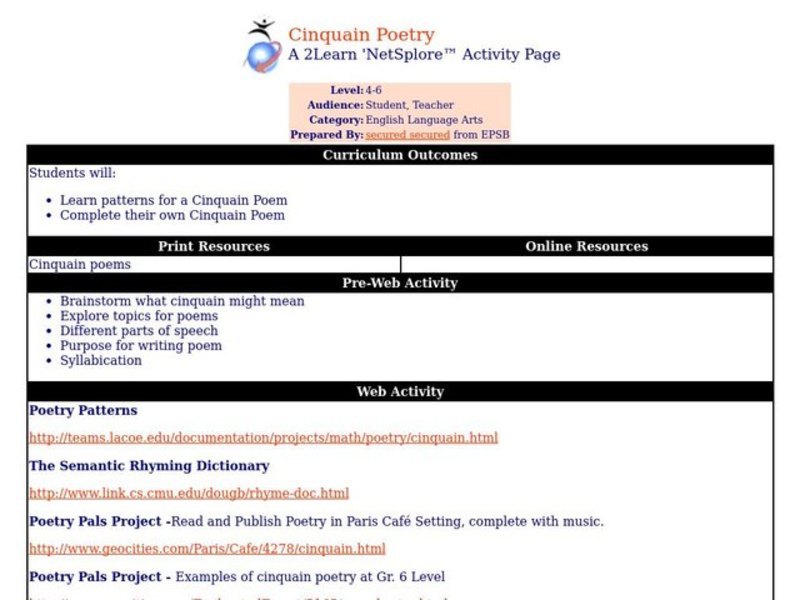 Cinquain Poetry Lesson Plan Cinquain Poetry Lesson Plan