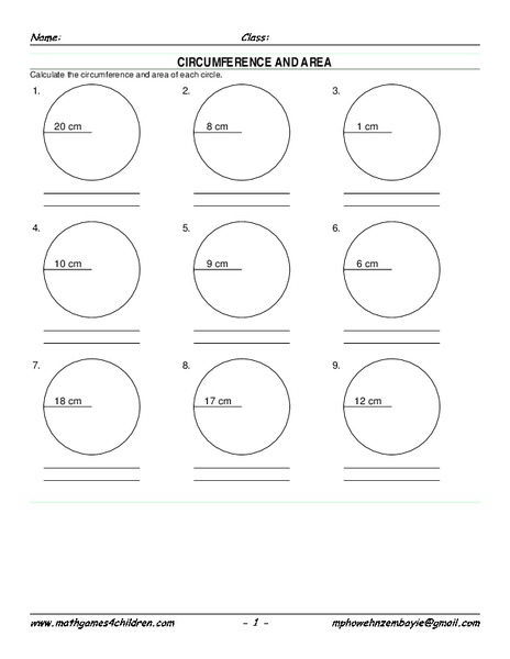 Circumference and Area Worksheet Circumference and Area Worksheet