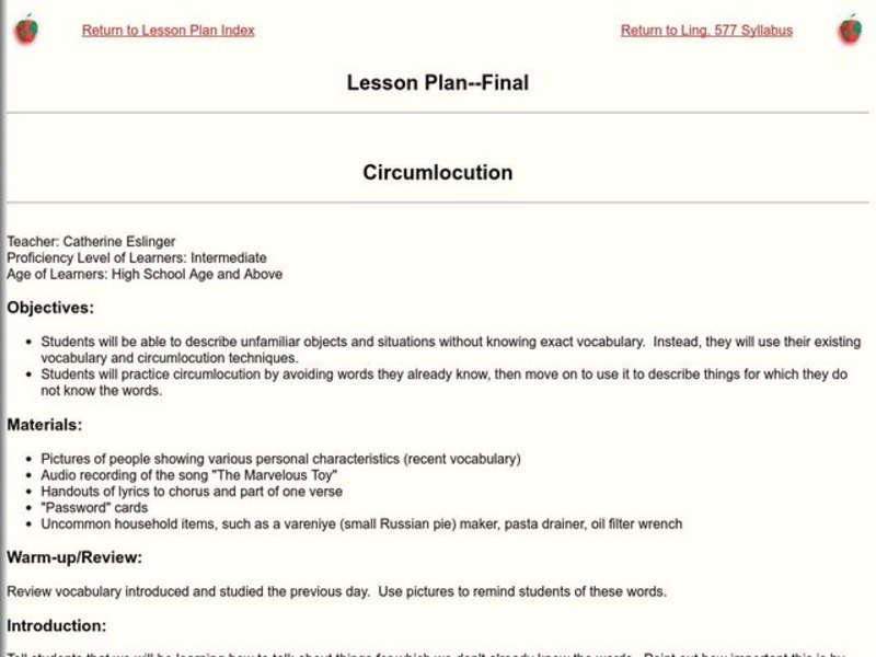 Circumlocution Lesson Plan Circumlocution Lesson Plan