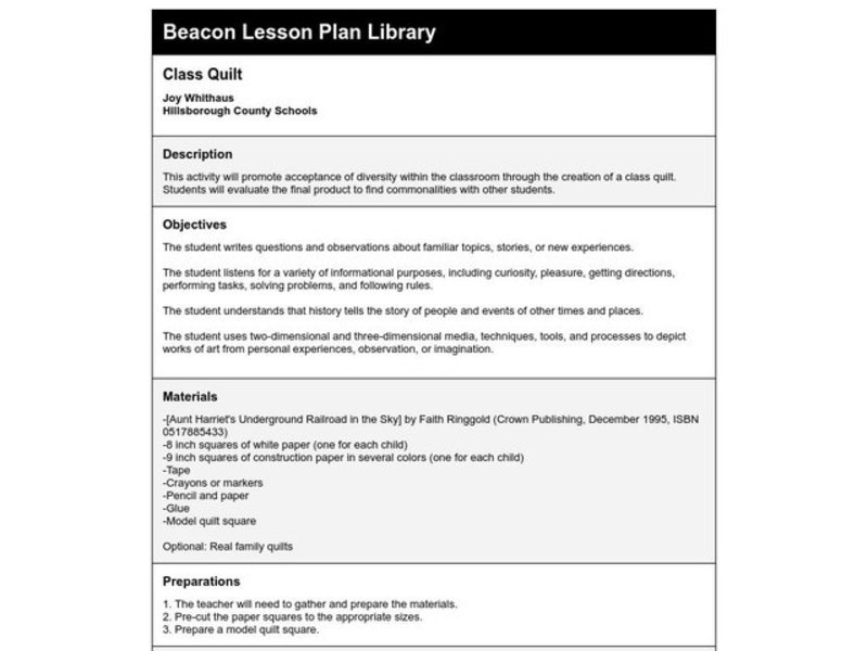 Class Quilt Lesson Plan Class Quilt Lesson Plan