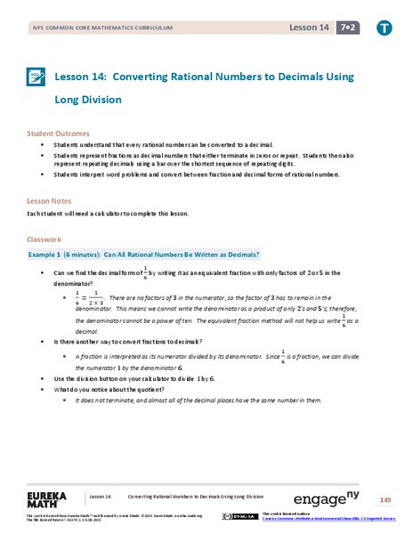 Converting Rational Numbers to Decimals Using Long Division Lesson Plan Converting Rational Numbers to Decimals Using Long Division Lesson Plan