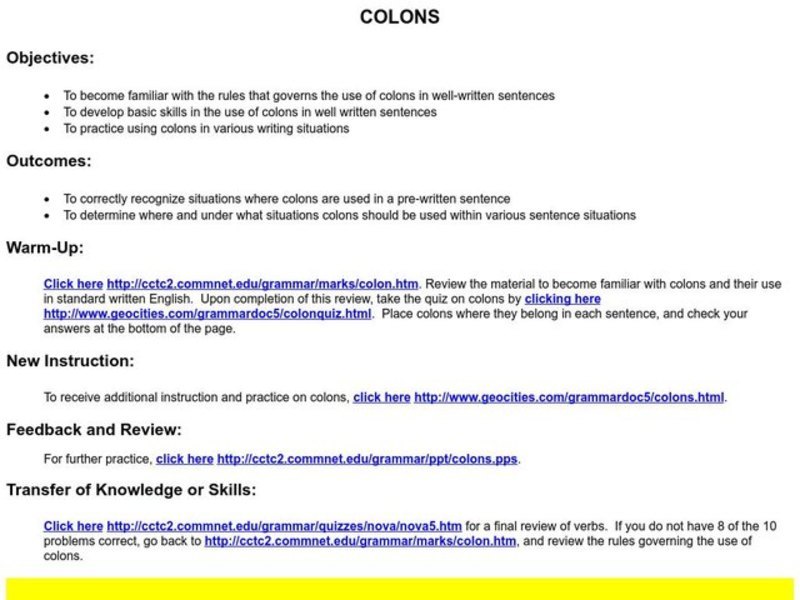 Colons Lesson Plan Colons Lesson Plan