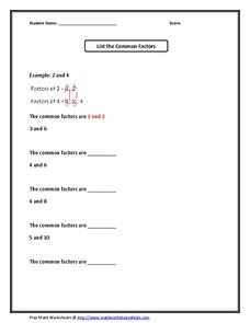 Common Factors Worksheet Common Factors Worksheet