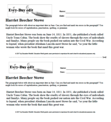 Every Day Edit - Harriet Beecher Stowe Worksheet Every Day Edit - Harriet Beecher Stowe Worksheet