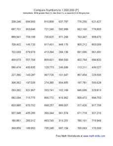 Compare Numbers to 1,000,000 (P) Worksheet Compare Numbers to 1,000,000 (P) Worksheet