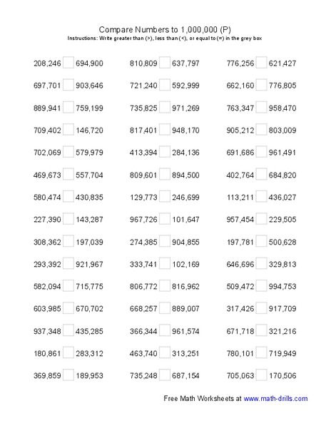 Compare Numbers to 1,000,000 (P) Worksheet Compare Numbers to 1,000,000 (P) Worksheet