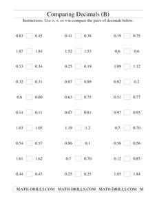 Comparing Decimals (B) Worksheet Comparing Decimals (B) Worksheet