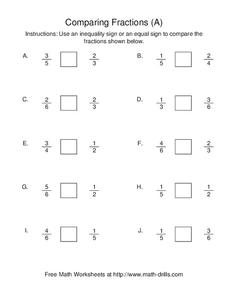 Comparing Fractions (A) Worksheet Comparing Fractions (A) Worksheet