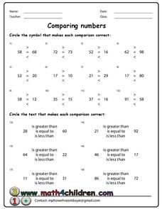 Comparing Numbers Worksheet Comparing Numbers Worksheet