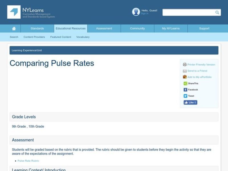 Comparing Pulse Rates Lesson Plan Comparing Pulse Rates Lesson Plan