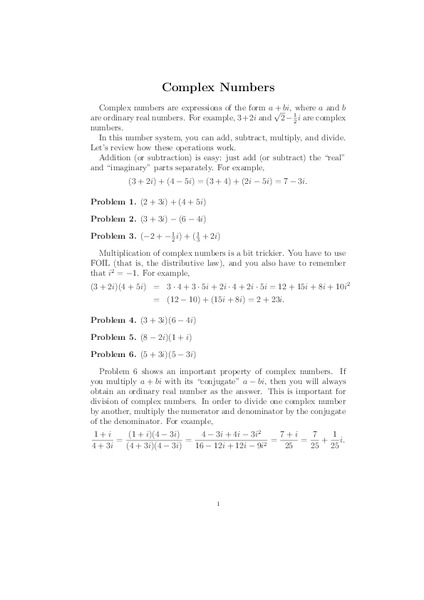 Complex Numbers Worksheet Complex Numbers Worksheet