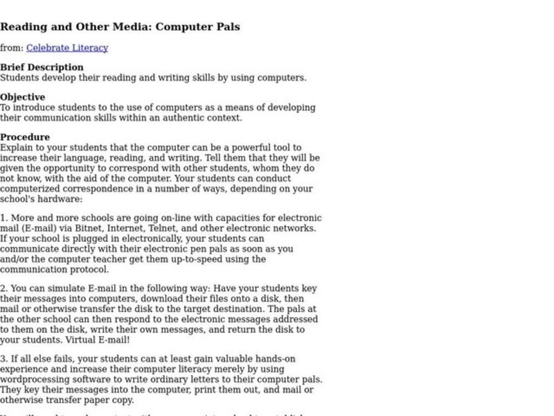 Computer Pals Lesson Plan Computer Pals Lesson Plan
