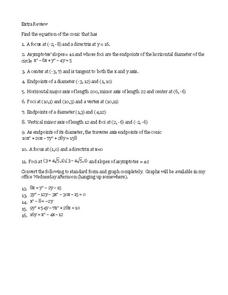 Conics Worksheet Conics Worksheet