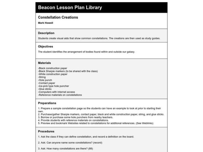 Constellation Creations Lesson Plan Constellation Creations Lesson Plan