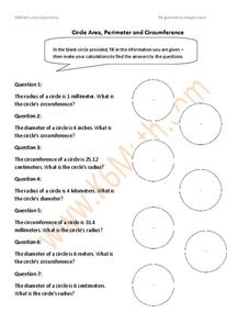 Circle Area, Perimeter and Circumference Worksheet    Circle Area, Perimeter and Circumference Worksheet
