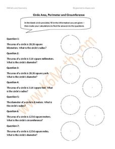 Circle Area, Perimeter and Circumference Worksheet    Circle Area, Perimeter and Circumference Worksheet